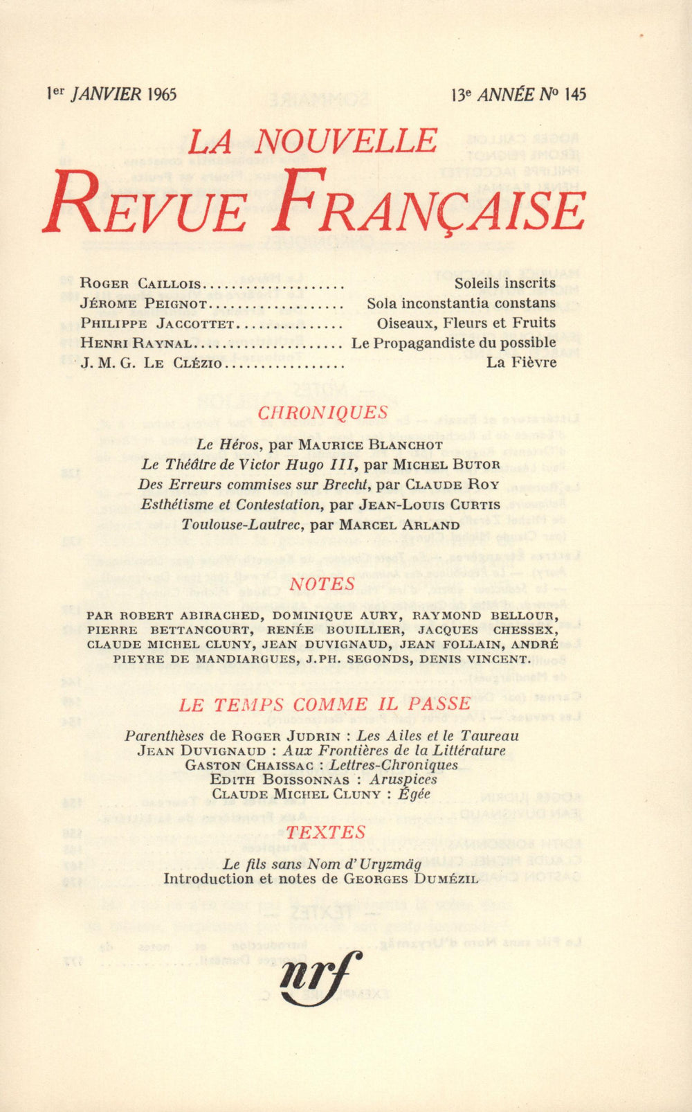 La Nouvelle Revue Française N' 145 (Janvier 1965)