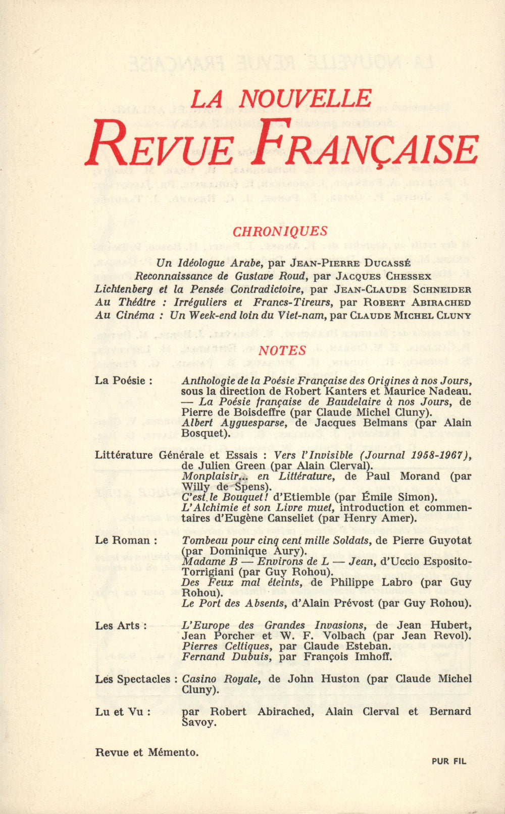 La Nouvelle Revue Française N' 183 (Mars 1968)