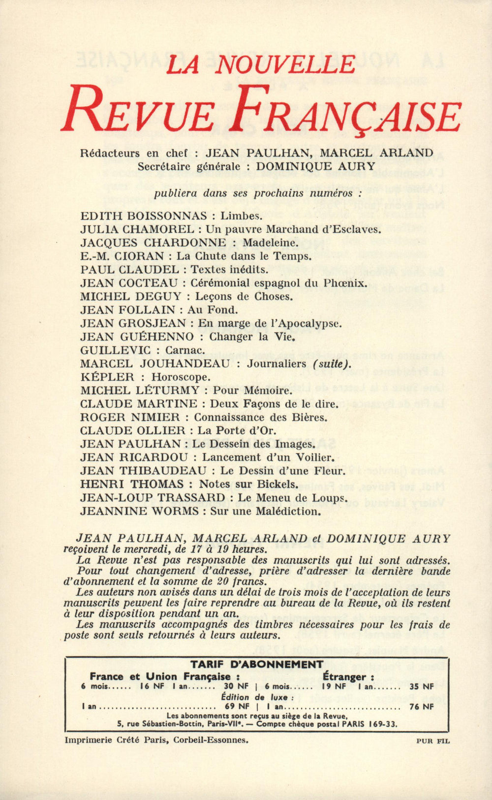 La Nouvelle Revue Française N' 97 (Janvier 1961)