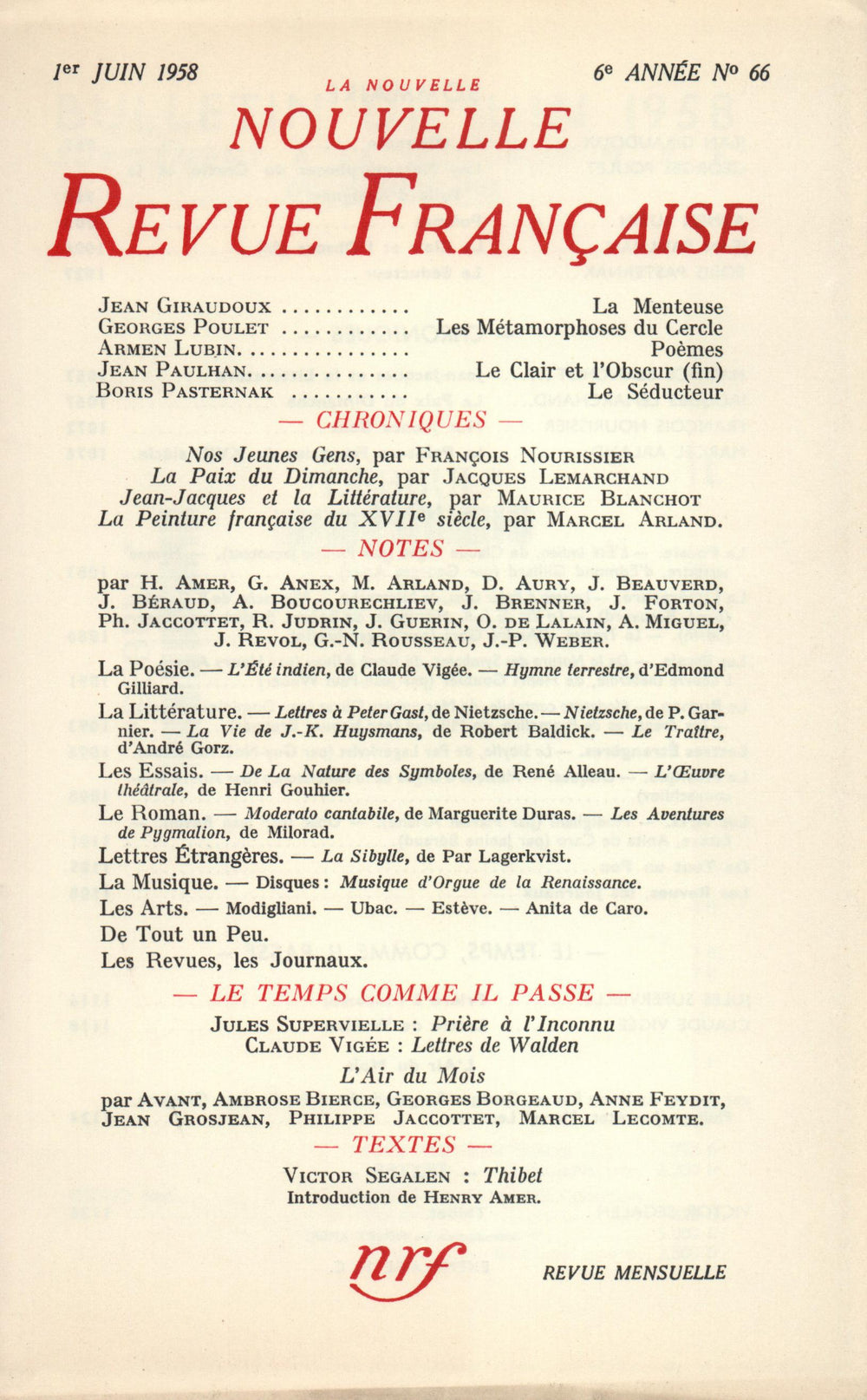 La Nouvelle Nouvelle Revue Française N' 66 (Juin 1958)