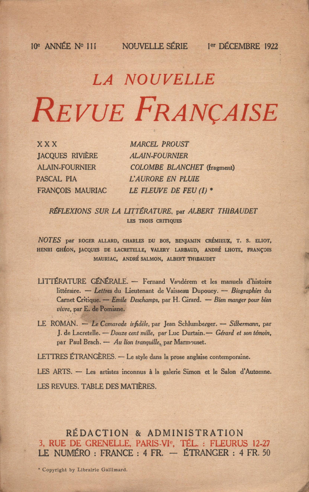La Nouvelle Revue Française N' 111 (Décembre 1922)