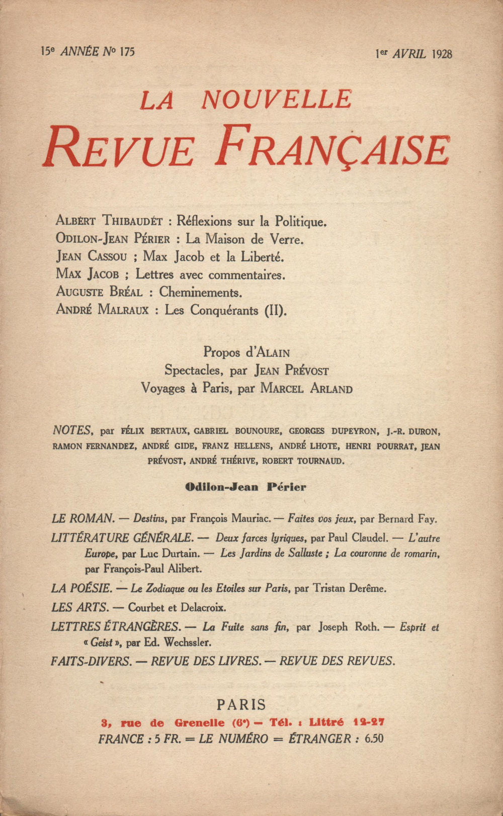 La Nouvelle Revue Française N' 175 (Avril 1928)