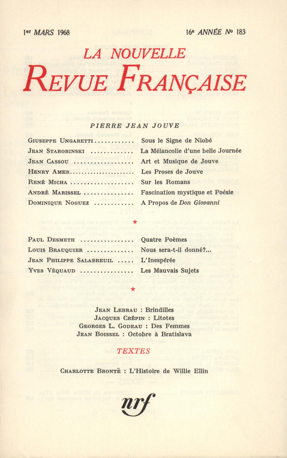 La Nouvelle Revue Française N' 183 (Mars 1968)