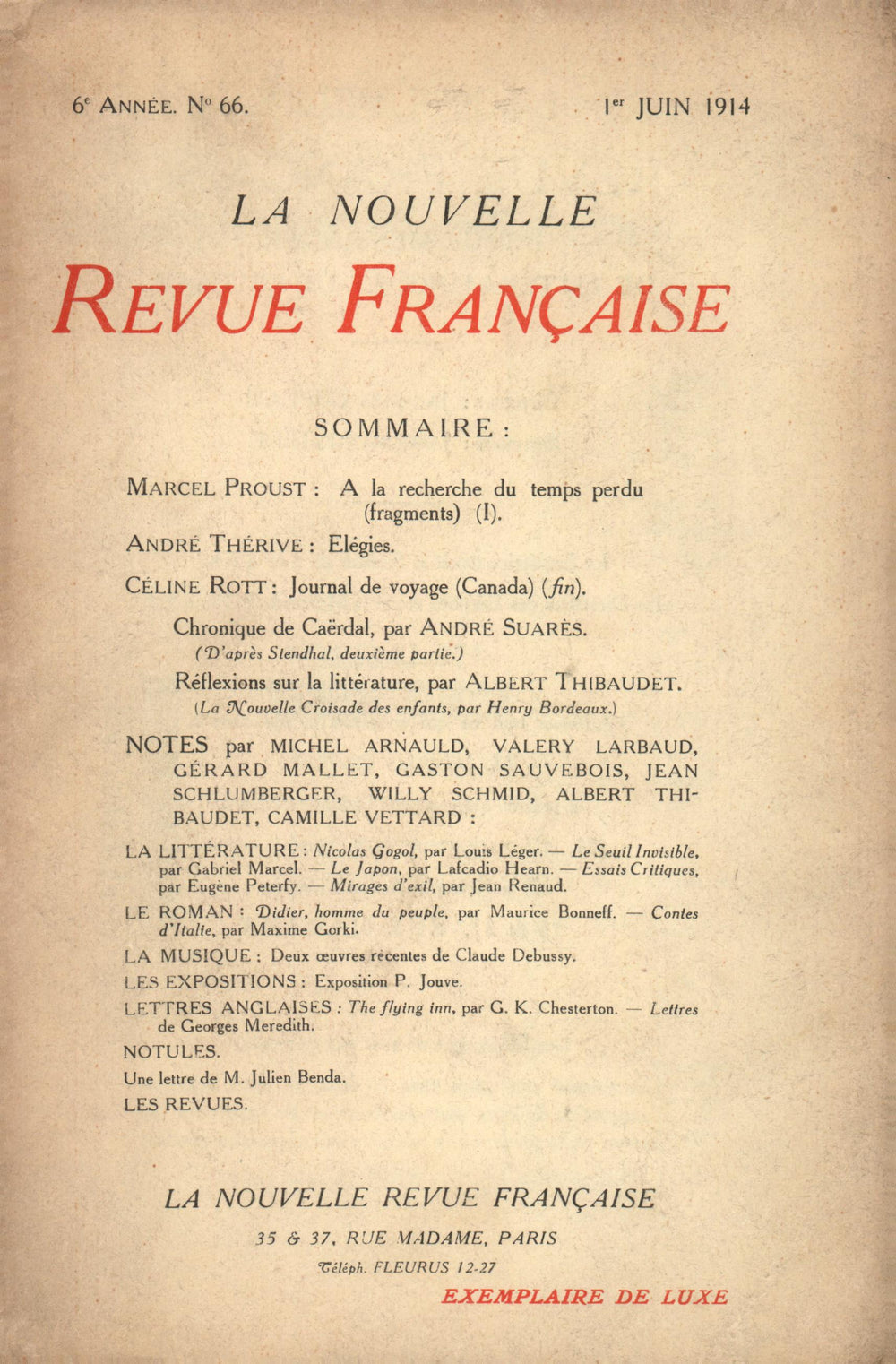 La Nouvelle Revue Française N' 66 (Juin 1914)