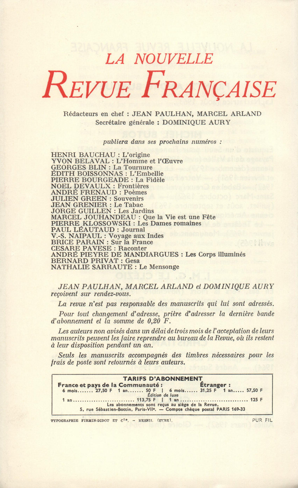 La Nouvelle Revue Française N' 153 (Septembre 1965)