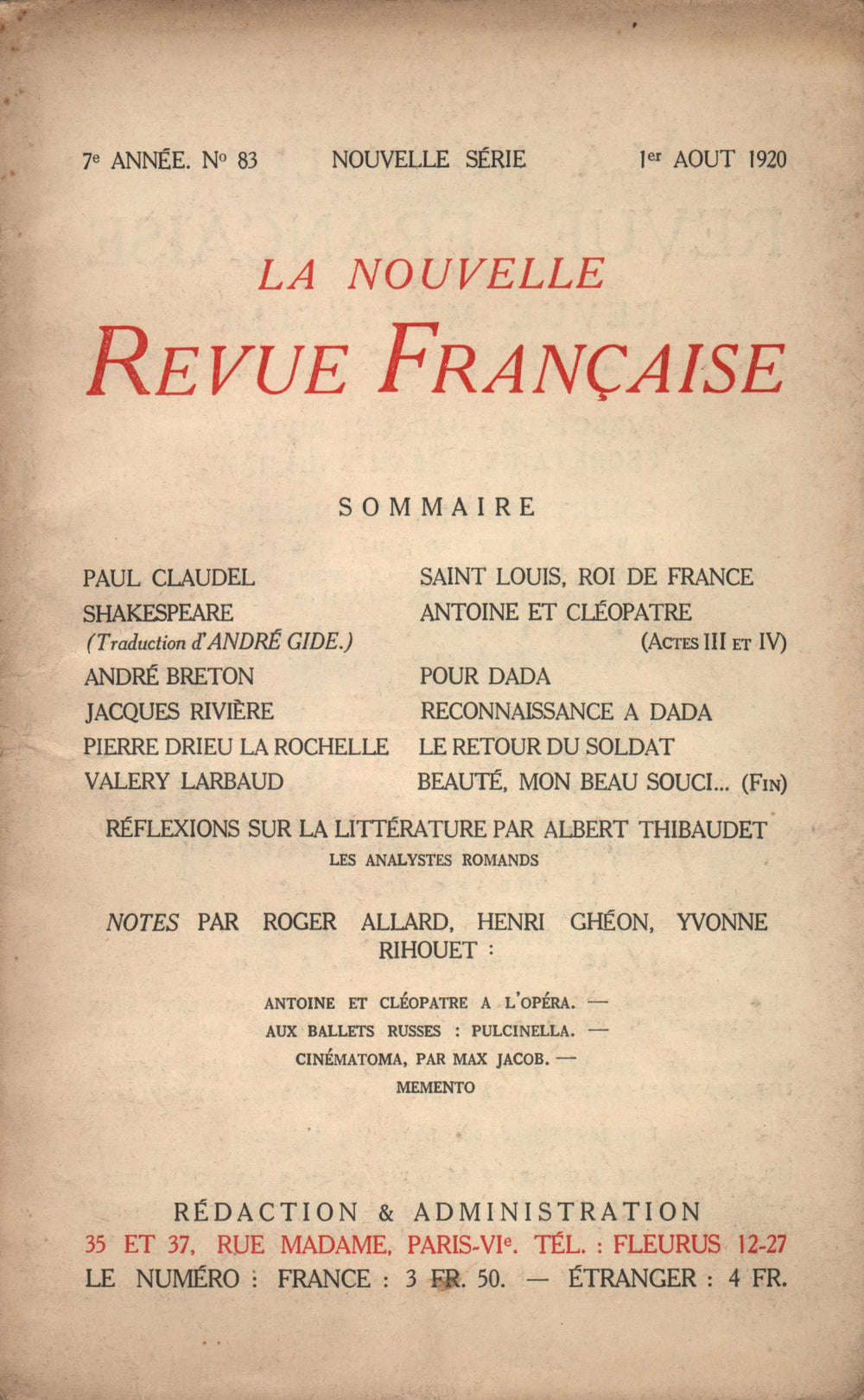 La Nouvelle Revue Française N' 83 (Aoűt 1920)