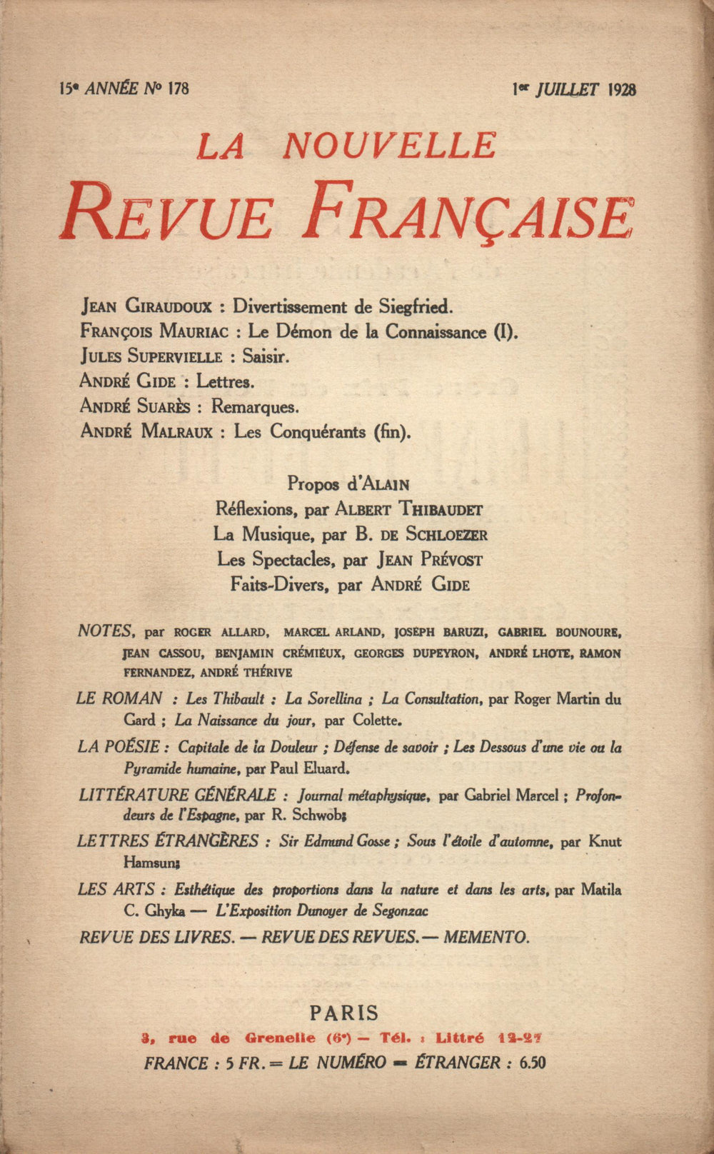 La Nouvelle Revue Française N' 178 (Juillet 1928)