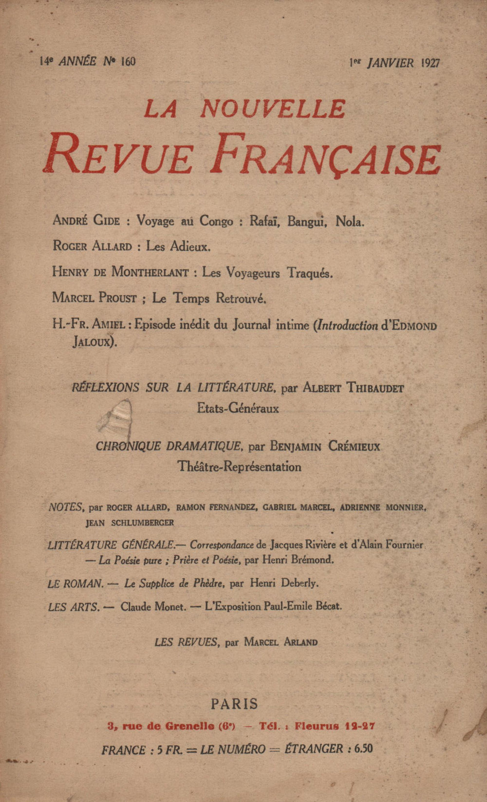 La Nouvelle Revue Française N' 160 (Janvier 1927)