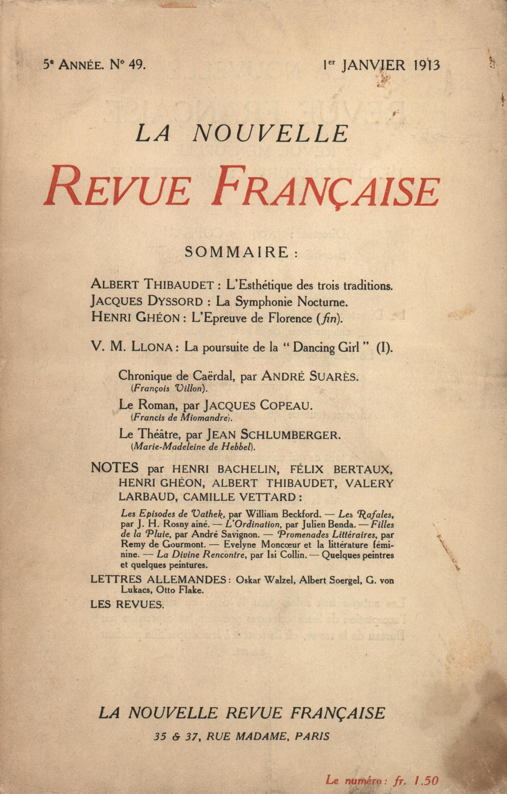 La Nouvelle Revue Française N' 49 (Janvier 1913)