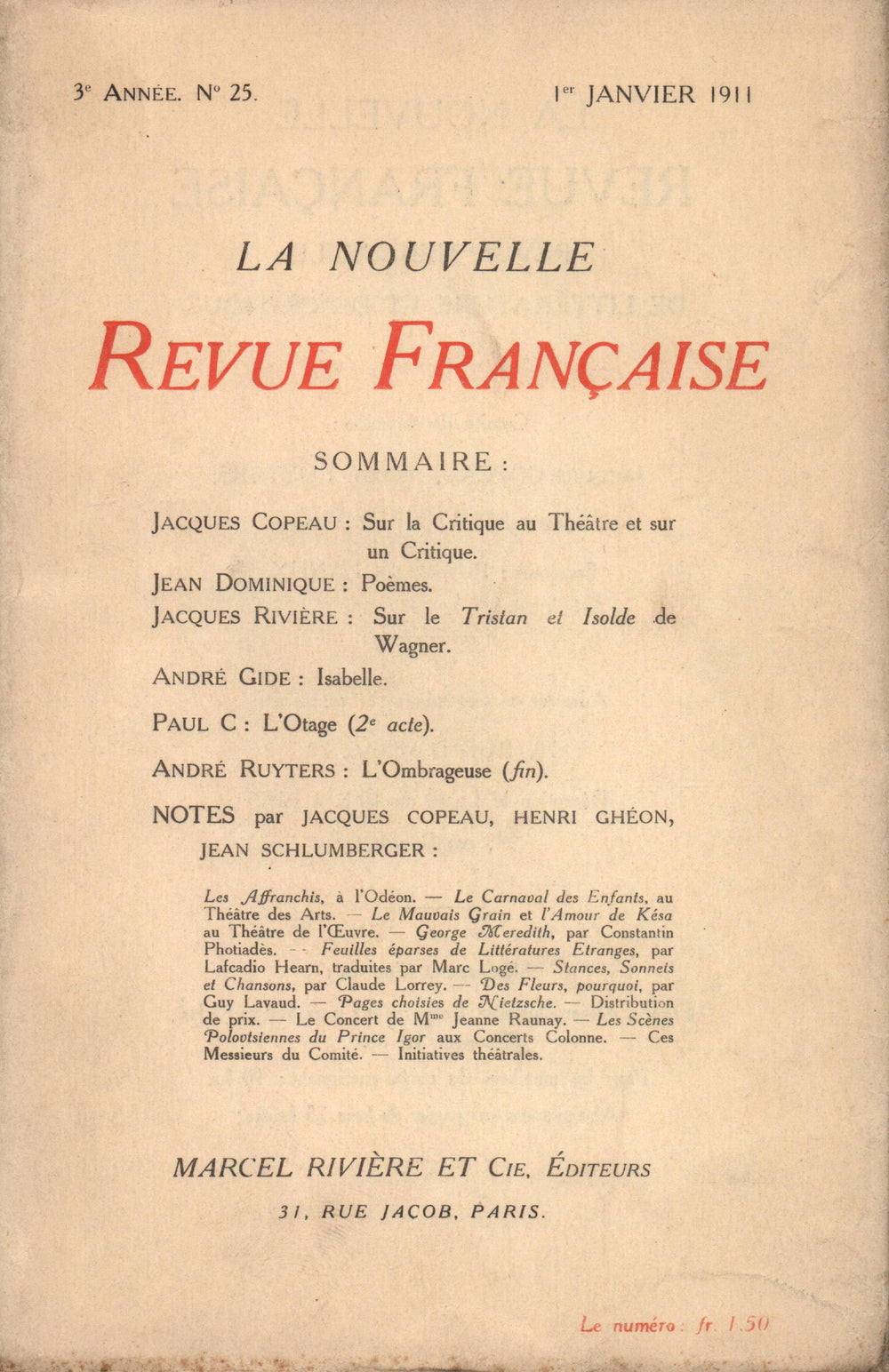 La Nouvelle Revue Française N' 25 (Janvier 1911)