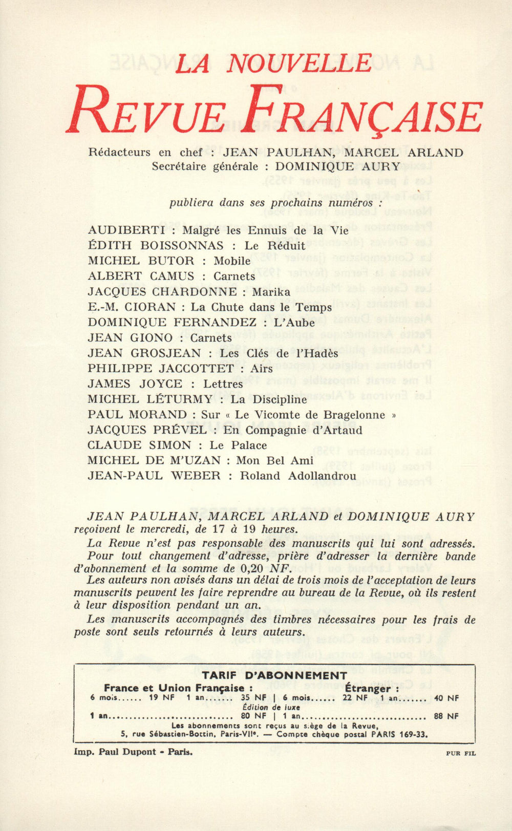 La Nouvelle Revue Française N' 107 (Novembre 1961)