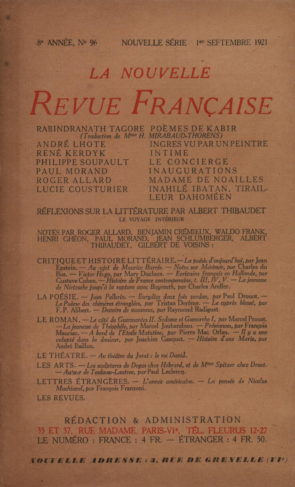 La Nouvelle Revue Française N' 96 (Septembre 1921)