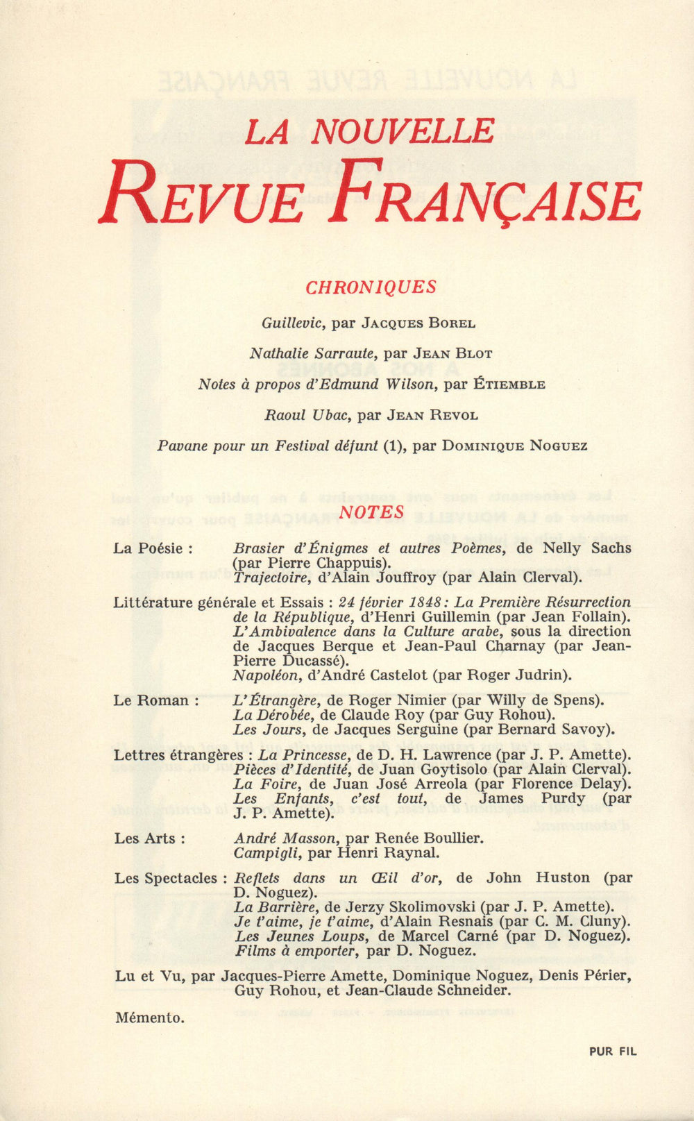 La Nouvelle Revue Française N' 188 (Aoűt 1968)