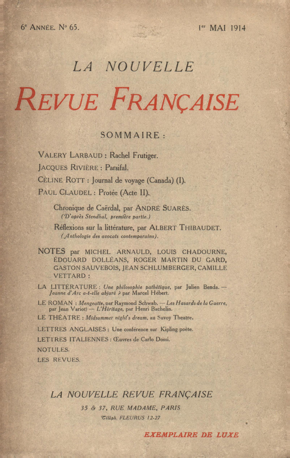 La Nouvelle Revue Française N' 65 (Mai 1914)