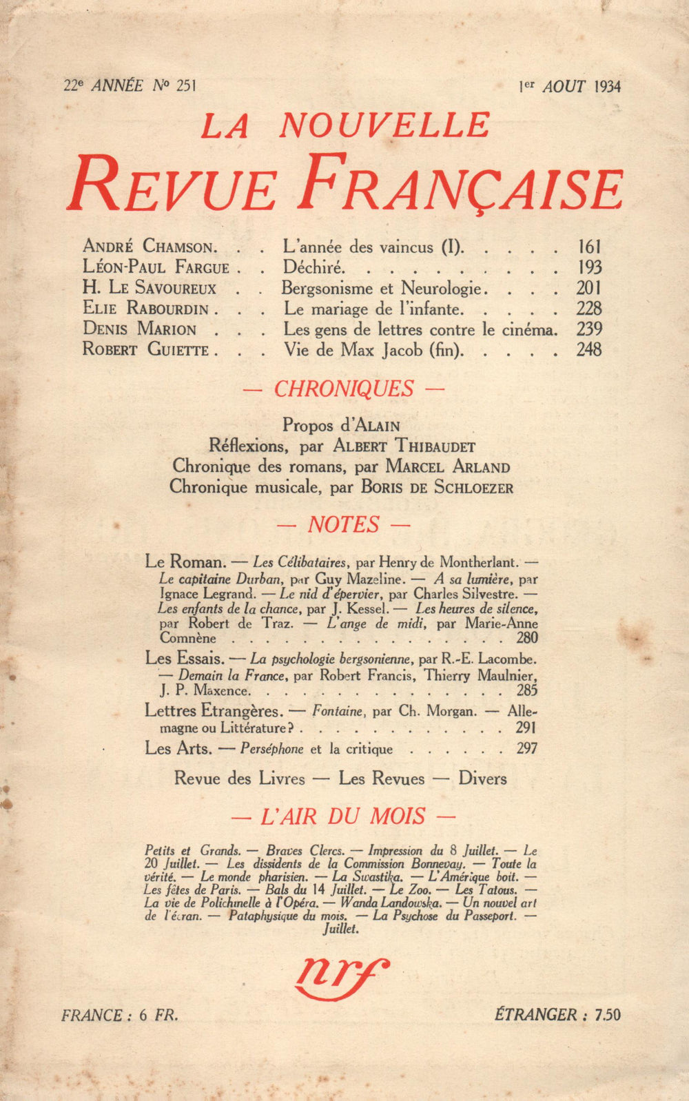 La Nouvelle Revue Française N° 251 (Aoűt 1934)