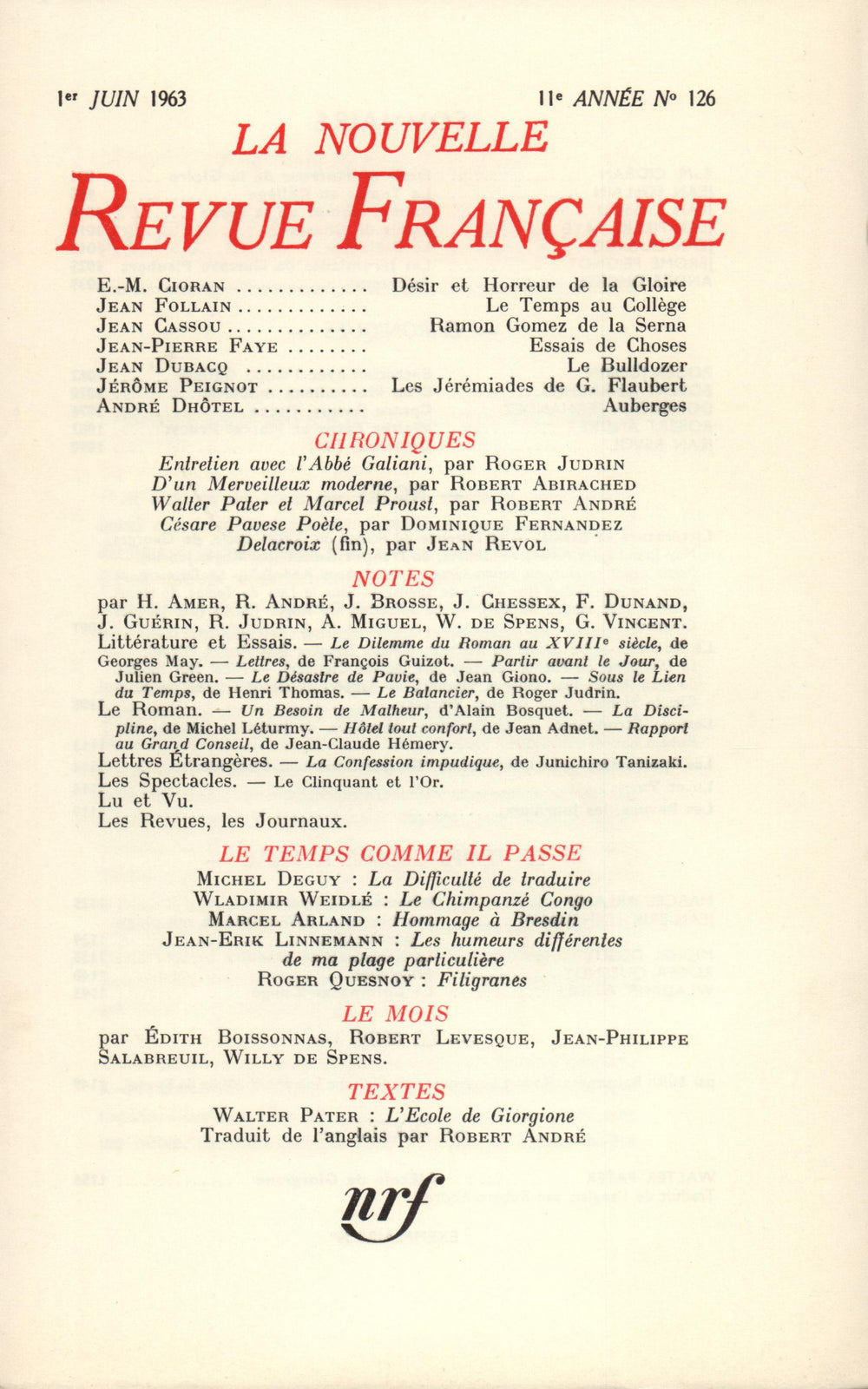 La Nouvelle Revue Française N' 126 (Juin 1963)