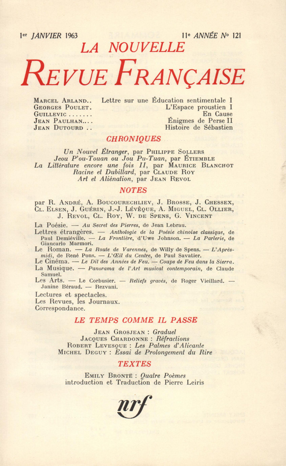 La Nouvelle Revue Française N' 121 (Janvier 1963)