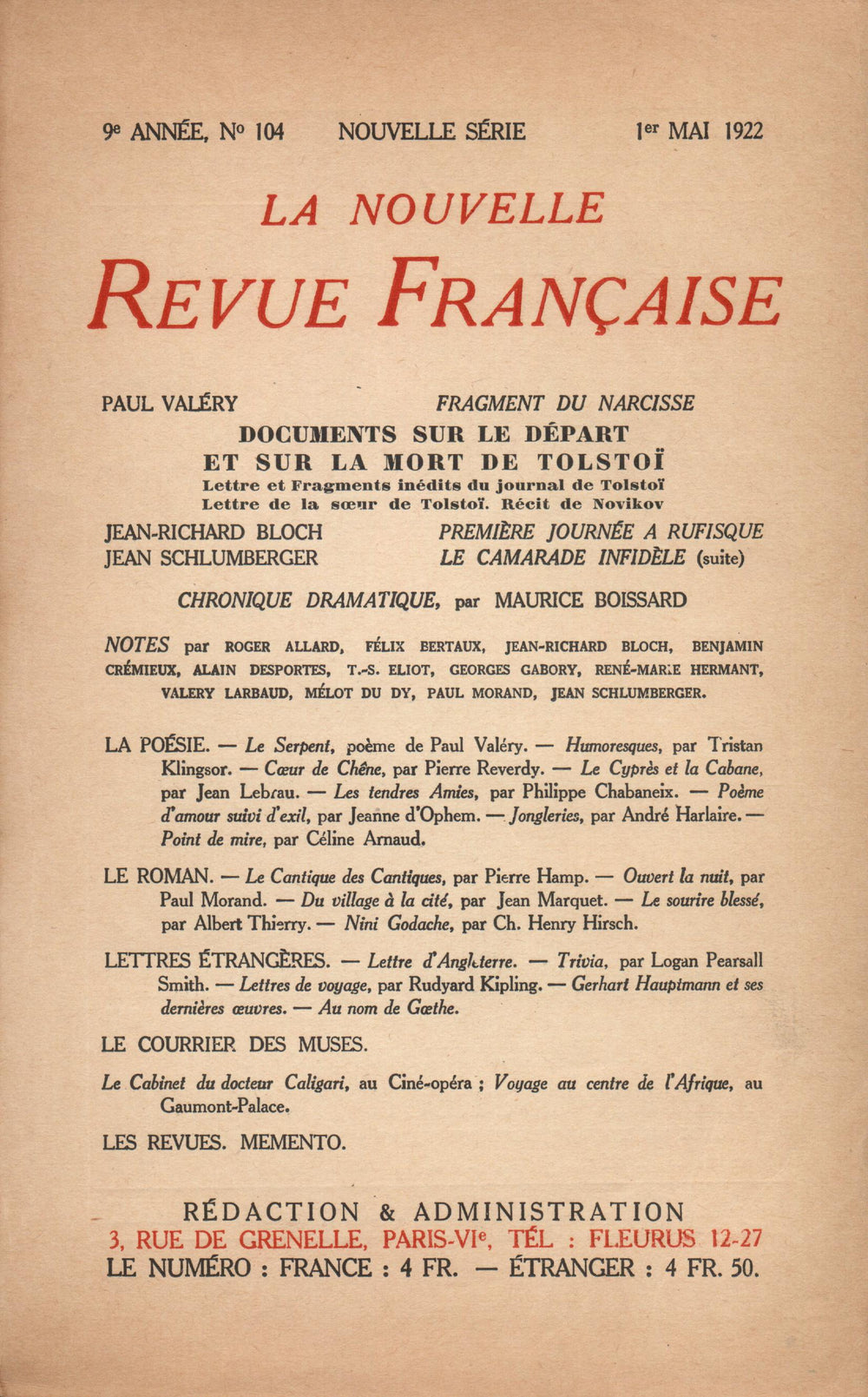 La Nouvelle Revue Française N' 104 (Mai 1922)