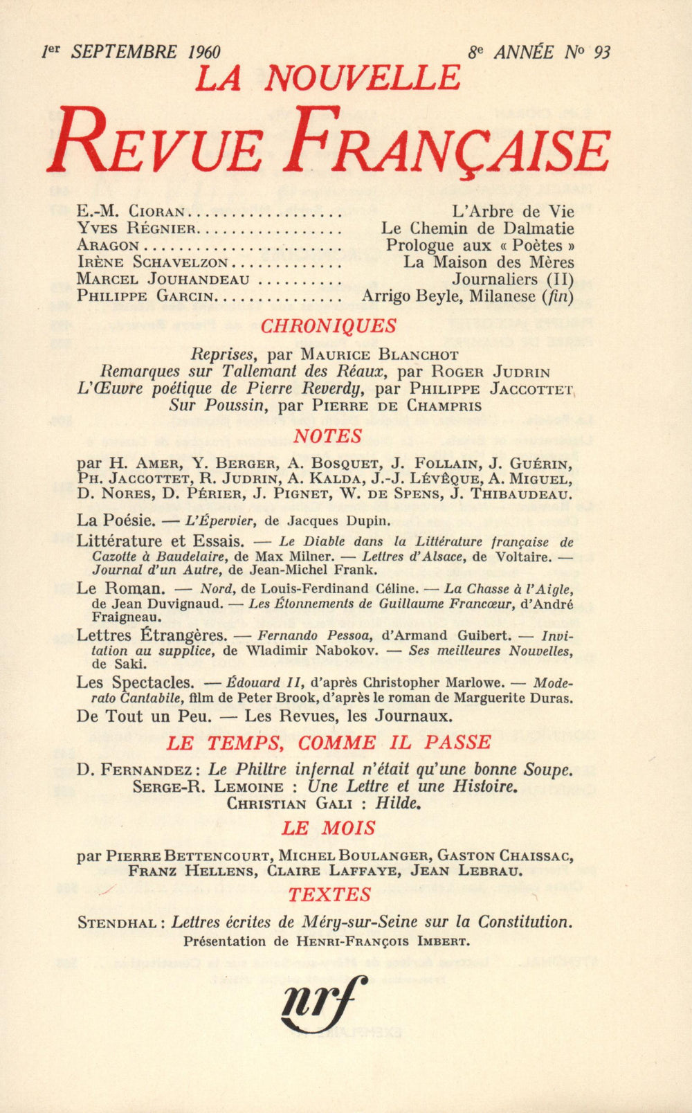 La Nouvelle Revue Française N' 93 (Septembre 1960)