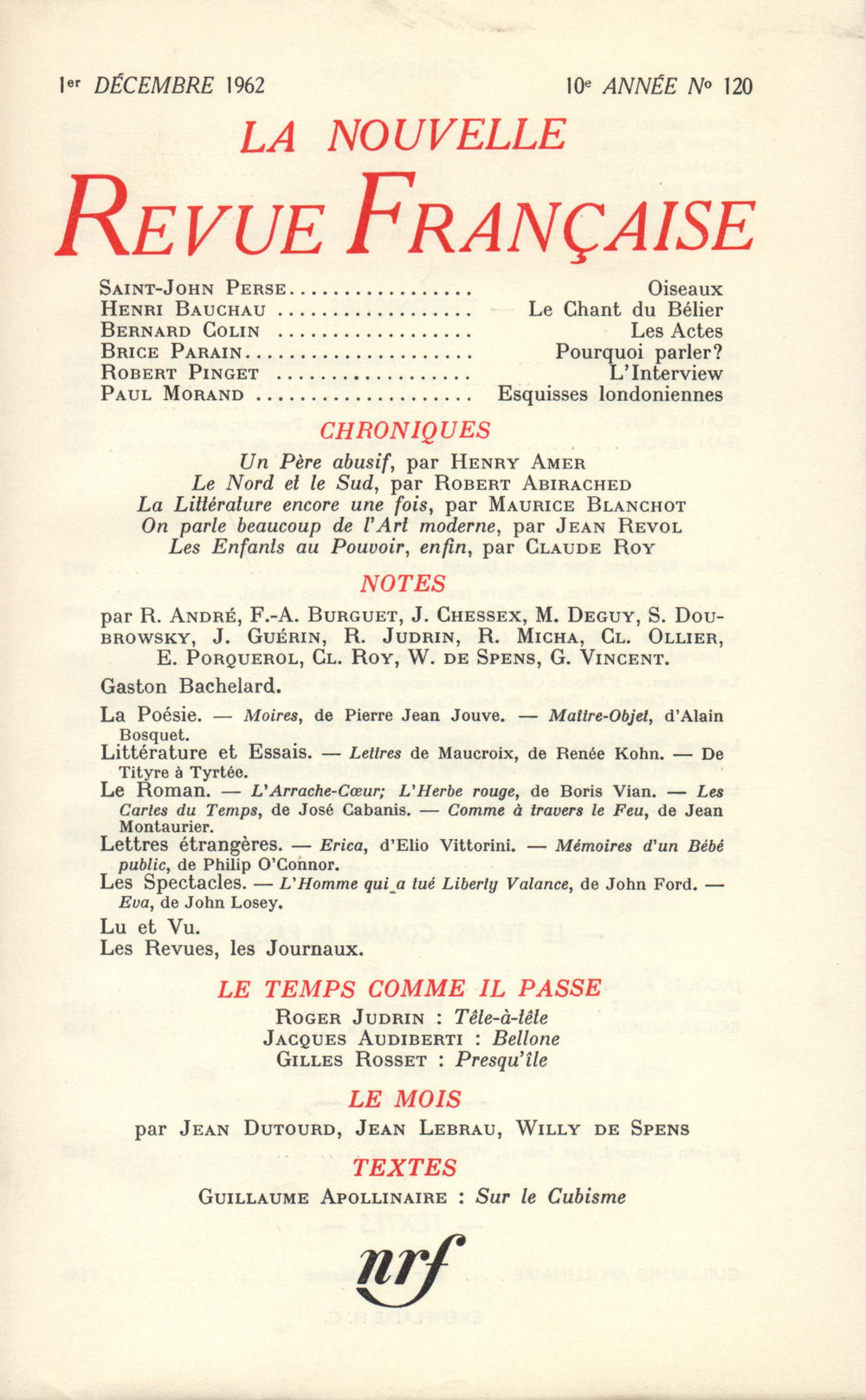 La Nouvelle Revue Française N' 120 (Décembre 1962)