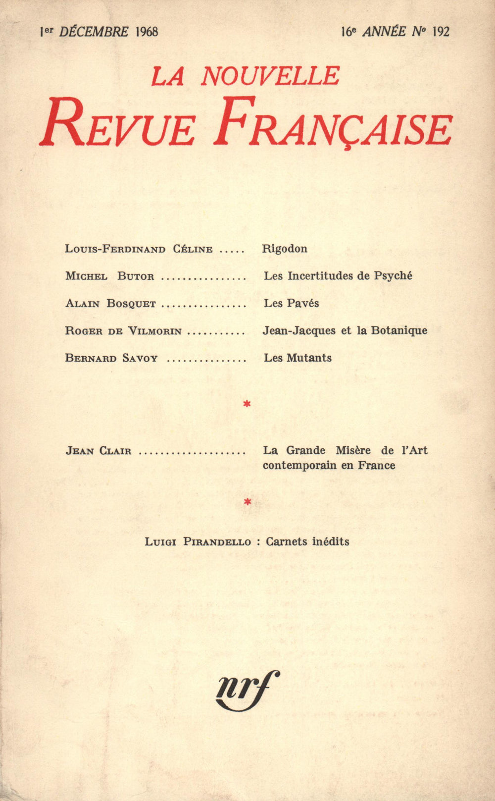 La Nouvelle Revue Française N' 192 (Décembre 1968)