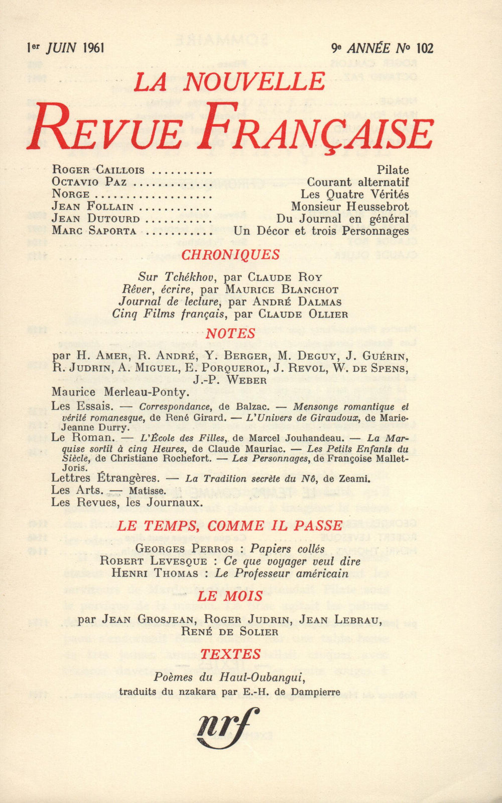 La Nouvelle Revue Française N' 102 (Juin 1961)
