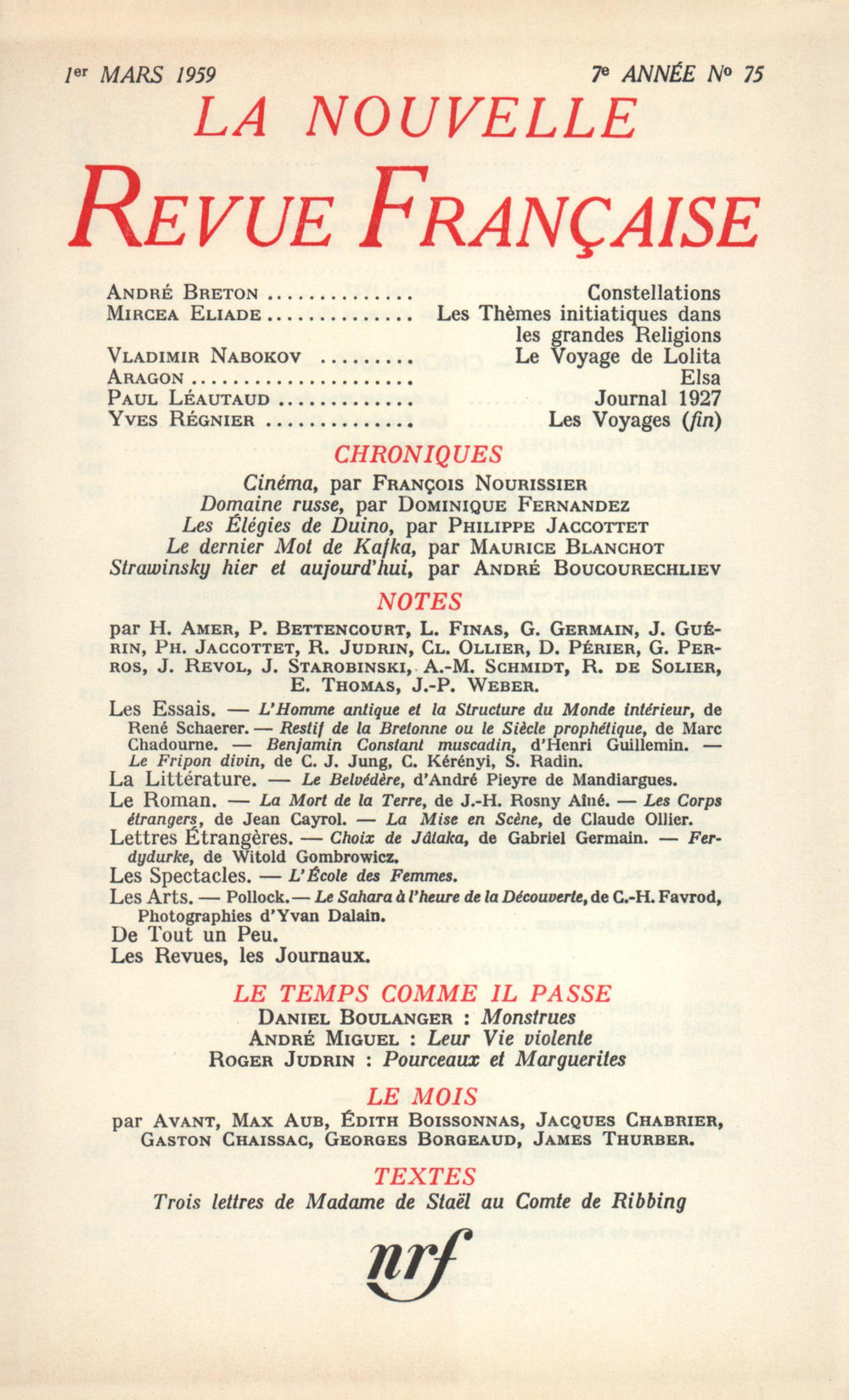 La Nouvelle Revue Française N' 75 (Mars 1959)