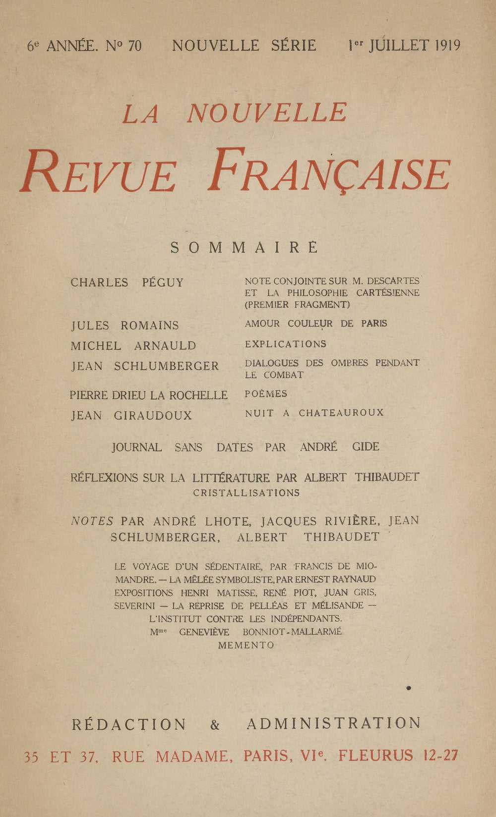 La Nouvelle Revue Française N' 70 (Juillet 1919)