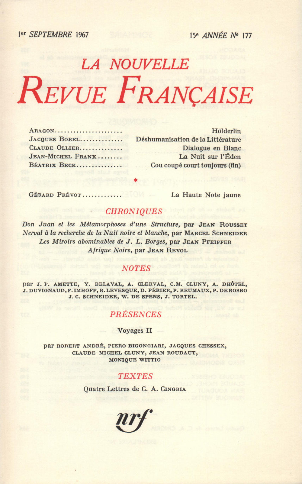 La Nouvelle Revue Française N' 177 (Septembre 1967)