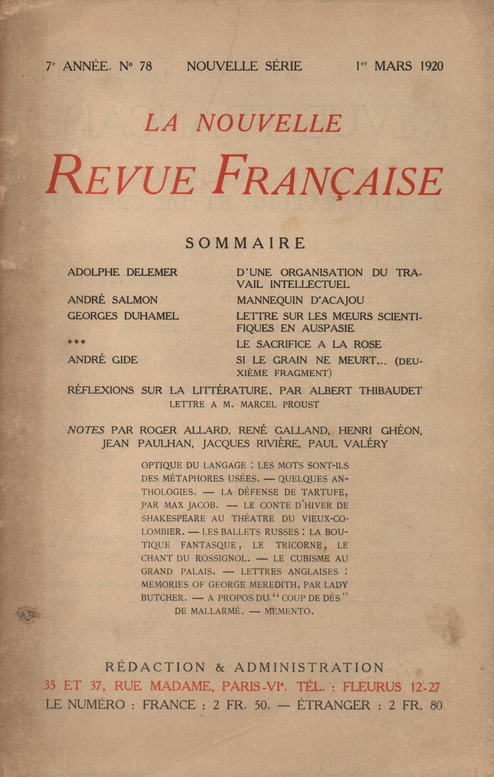 La Nouvelle Revue Française N' 78 (Mars 1920)
