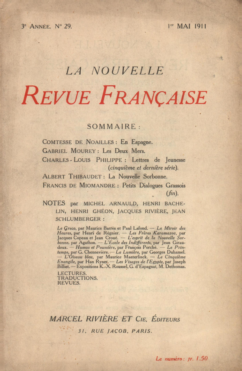 La Nouvelle Revue Française N' 29 (Mai 1911)