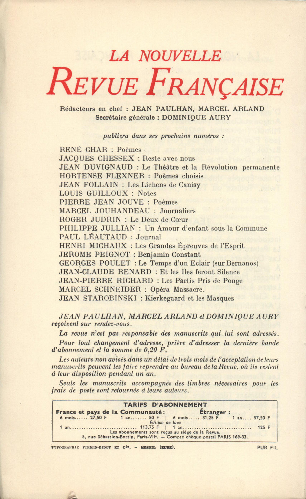 La Nouvelle Revue Française N' 133 (Janvier 1964)