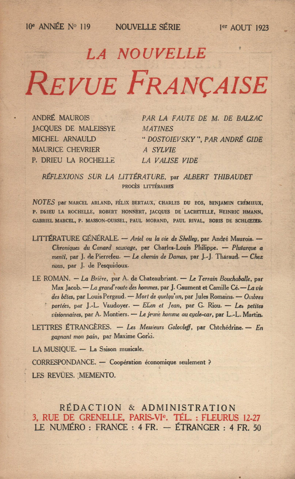 La Nouvelle Revue Française N' 119 (Aoűt 1923)