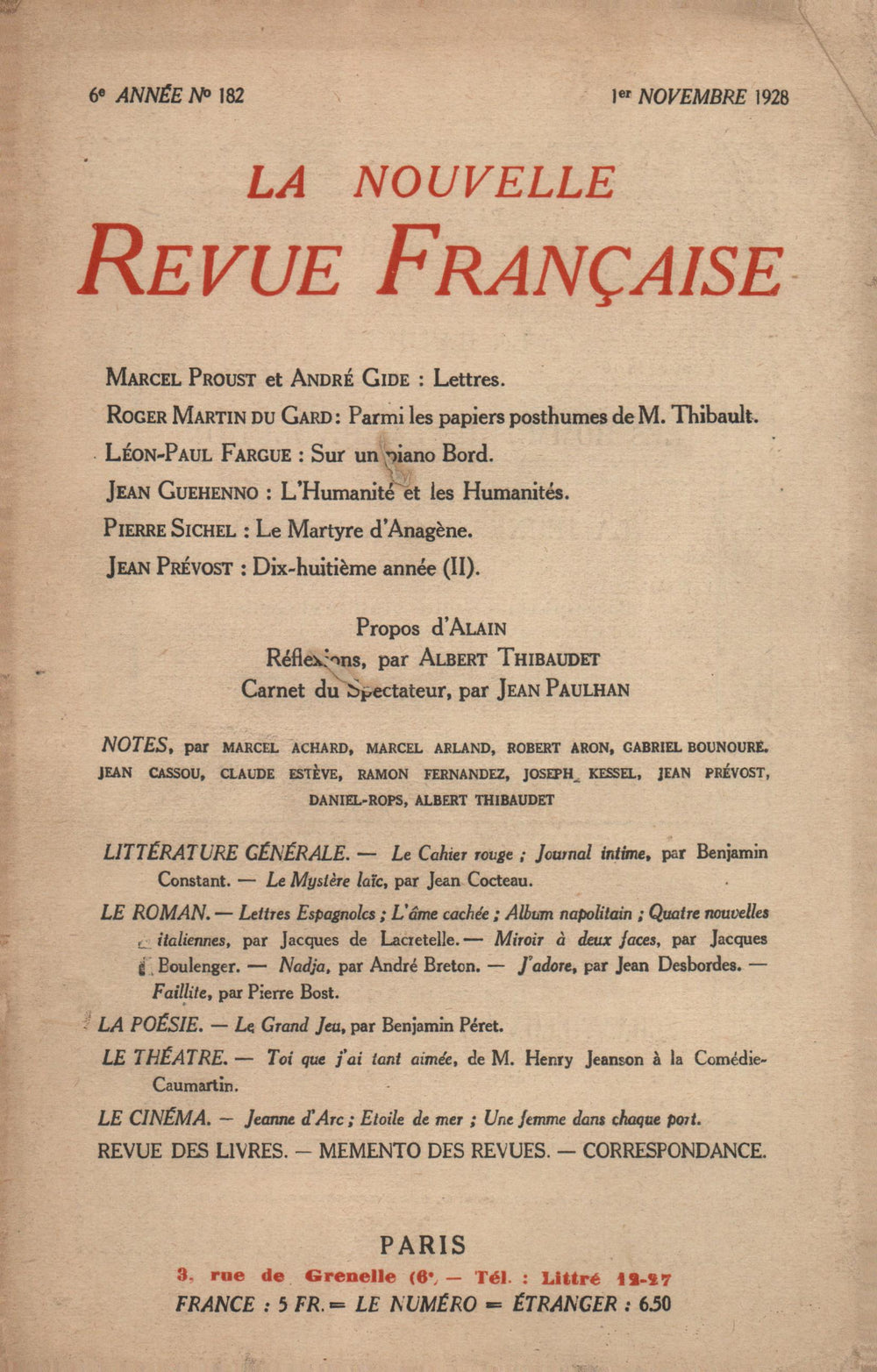 La Nouvelle Revue Française N' 182 (Novembre 1928)