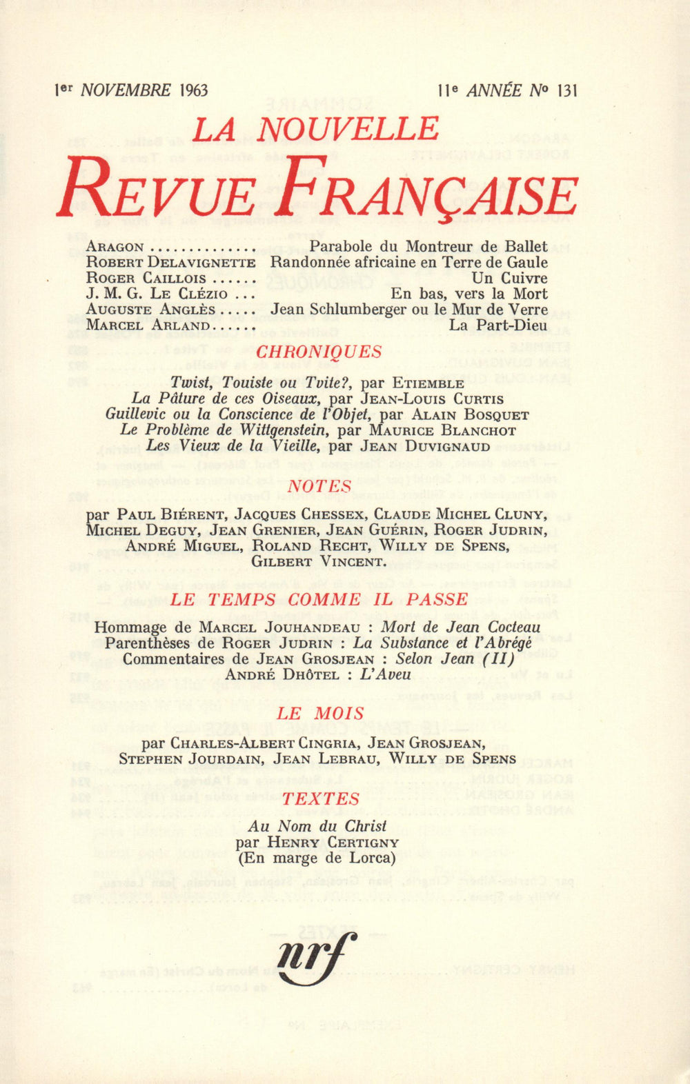 La Nouvelle Revue Française N' 131 (Novembre 1963)