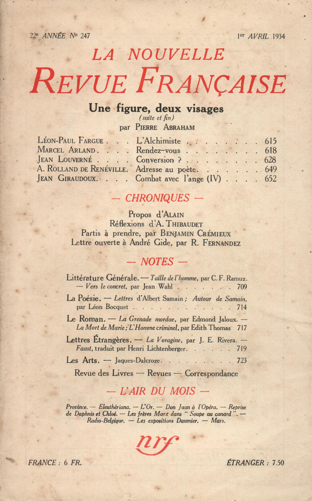 La Nouvelle Revue Française N° 247 (Avril 1934)