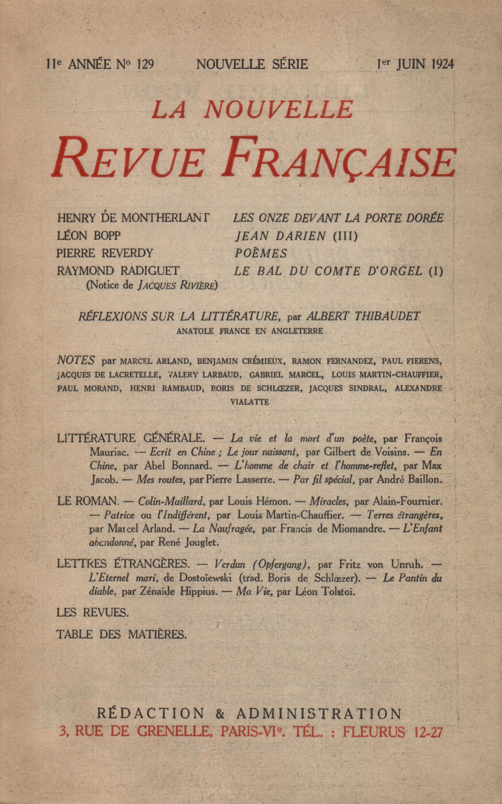 La Nouvelle Revue Française N' 129 (Juin 1924)