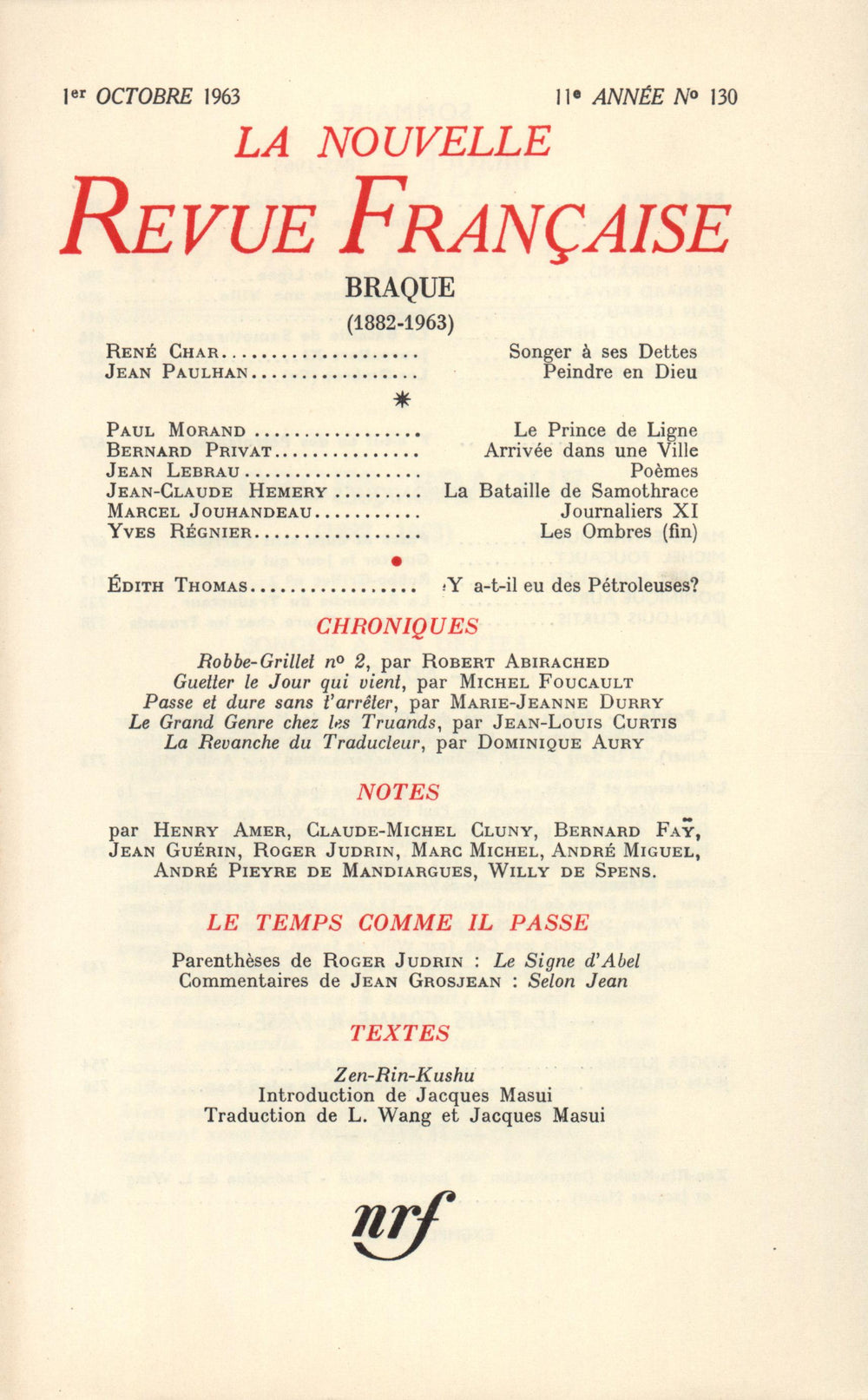 La Nouvelle Revue Française N' 130 (Octobre 1963)