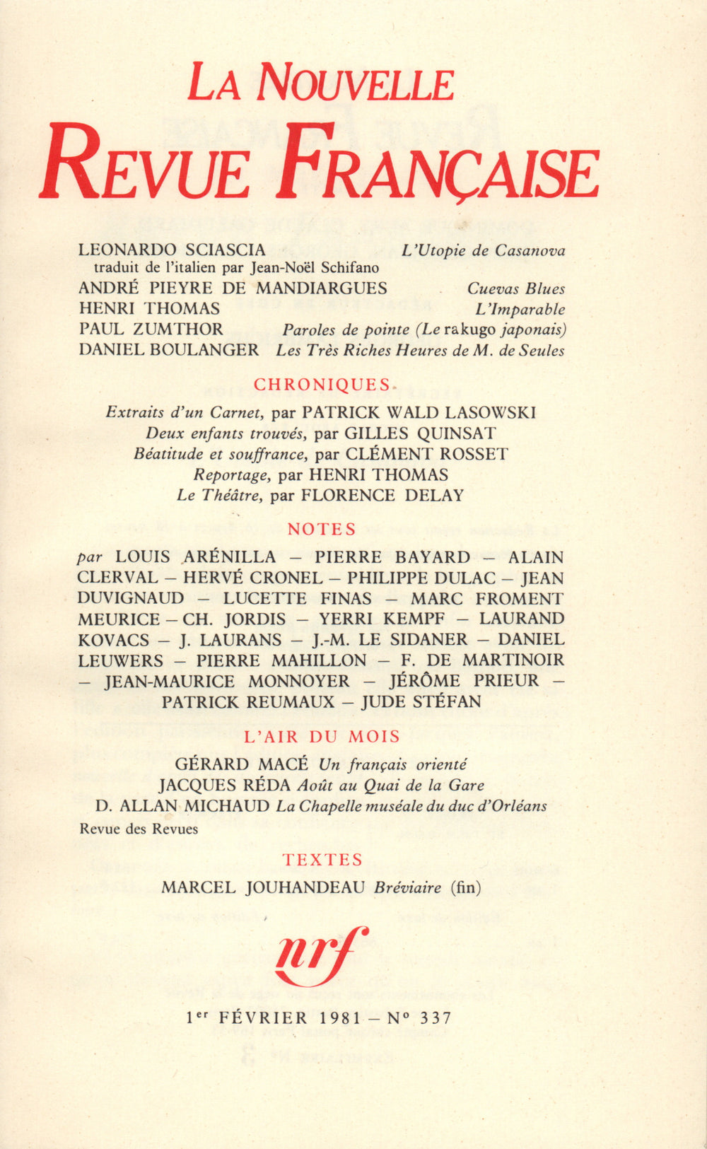 La Nouvelle Revue Française N° 337