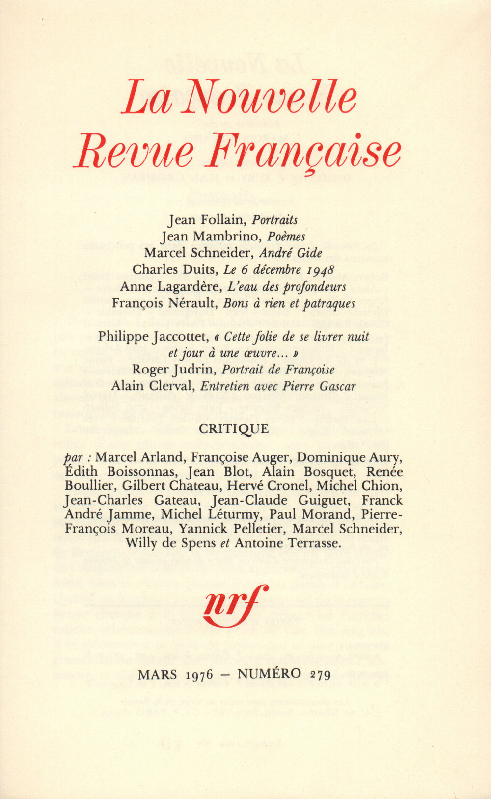 La Nouvelle Revue Française N° 279