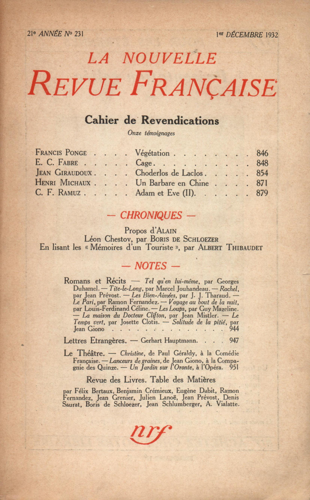 La Nouvelle Revue Française N° 231 (Décembre 1932)