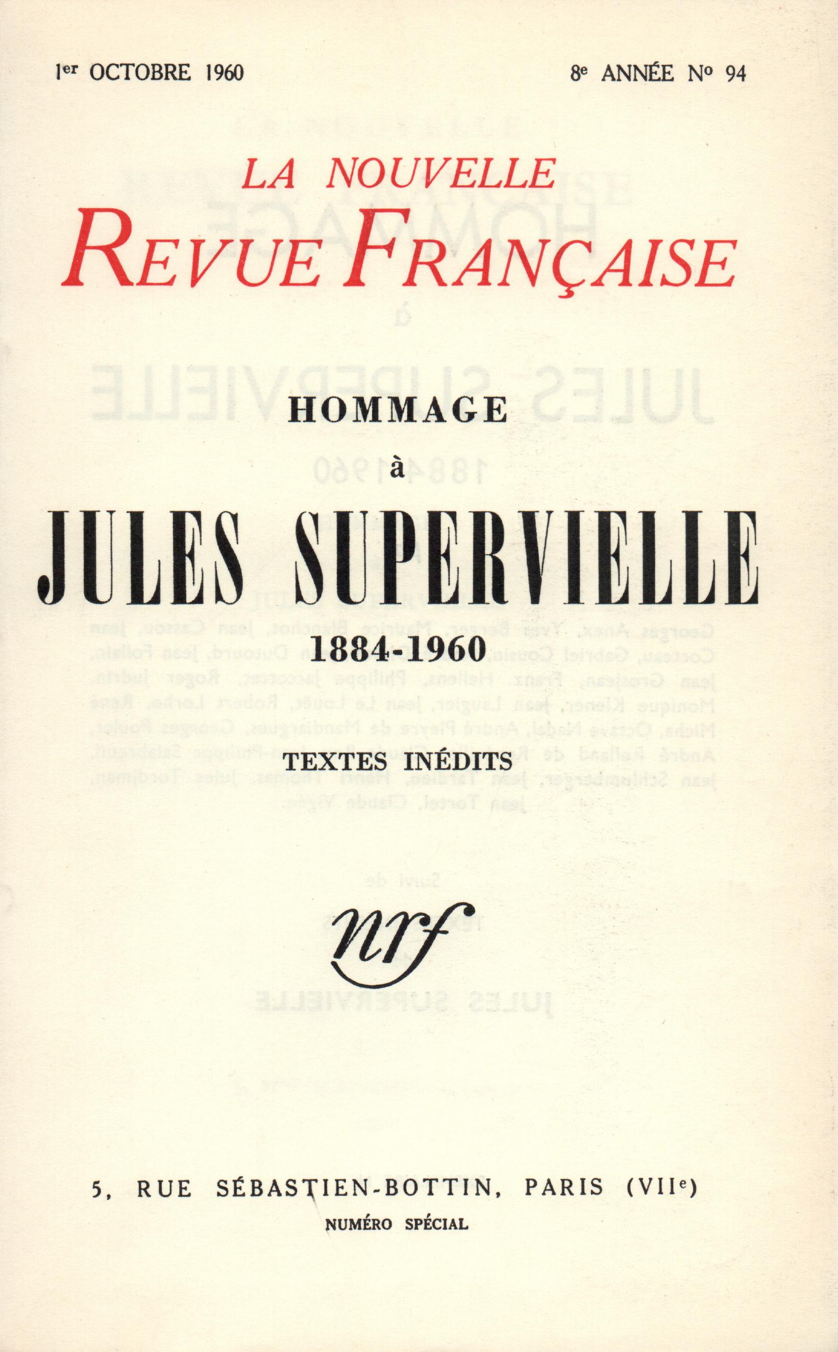 Hommage ŕ Jules Supervielle N' 94 (Octobre 1960) – La Nouvelle