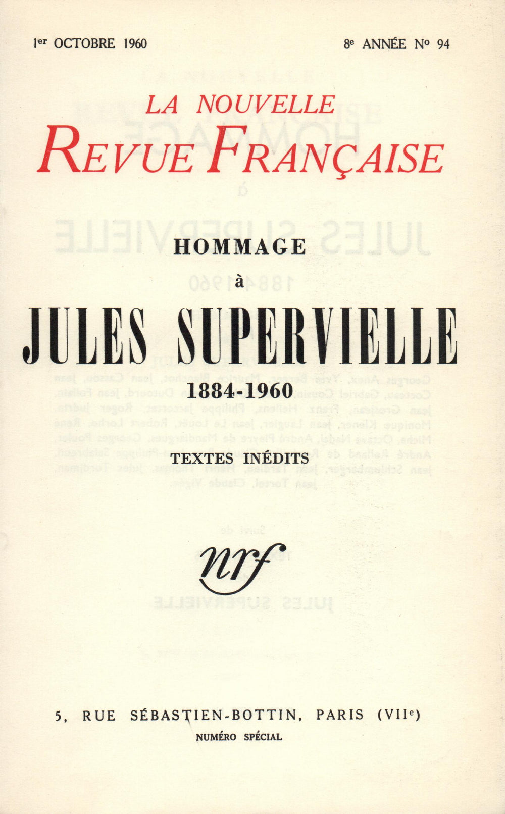 Hommage ŕ Jules Supervielle N' 94 (Octobre 1960)
