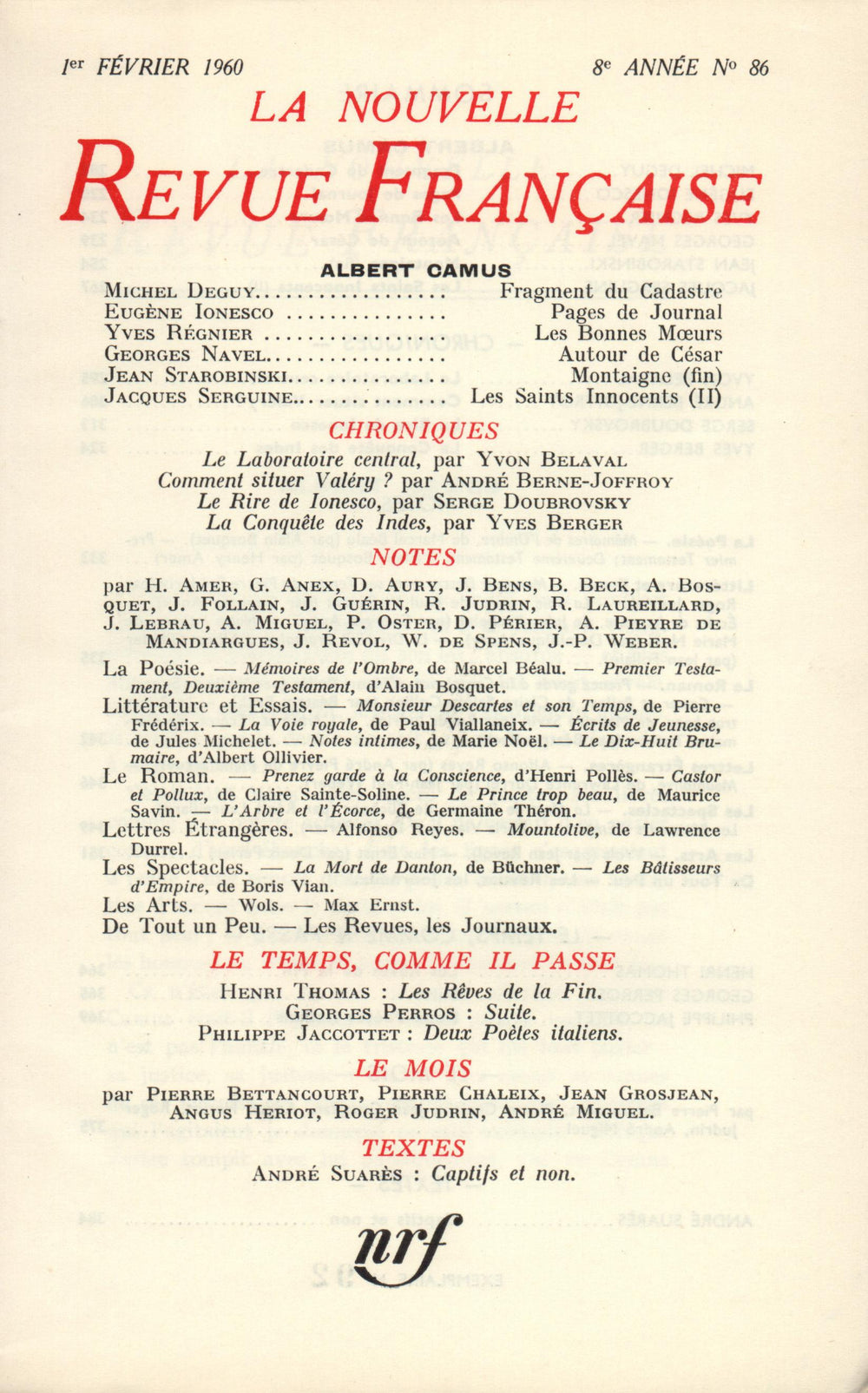 La Nouvelle Revue Française N' 86 (Février 1960)