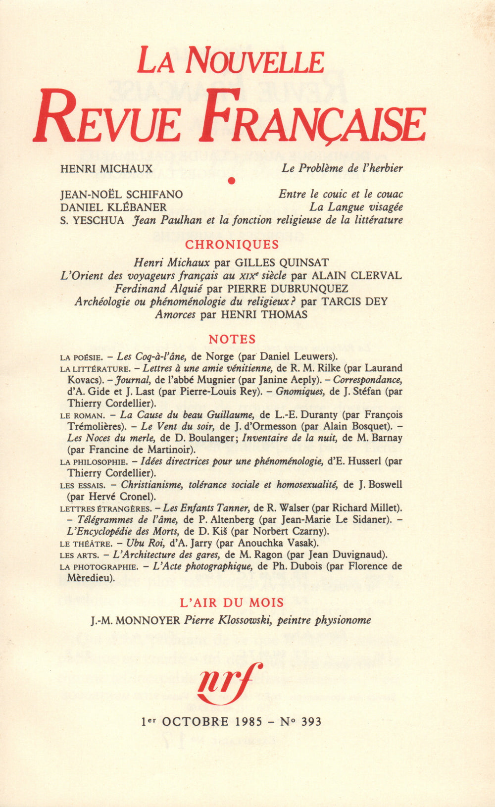 La Nouvelle Revue Française N° 393