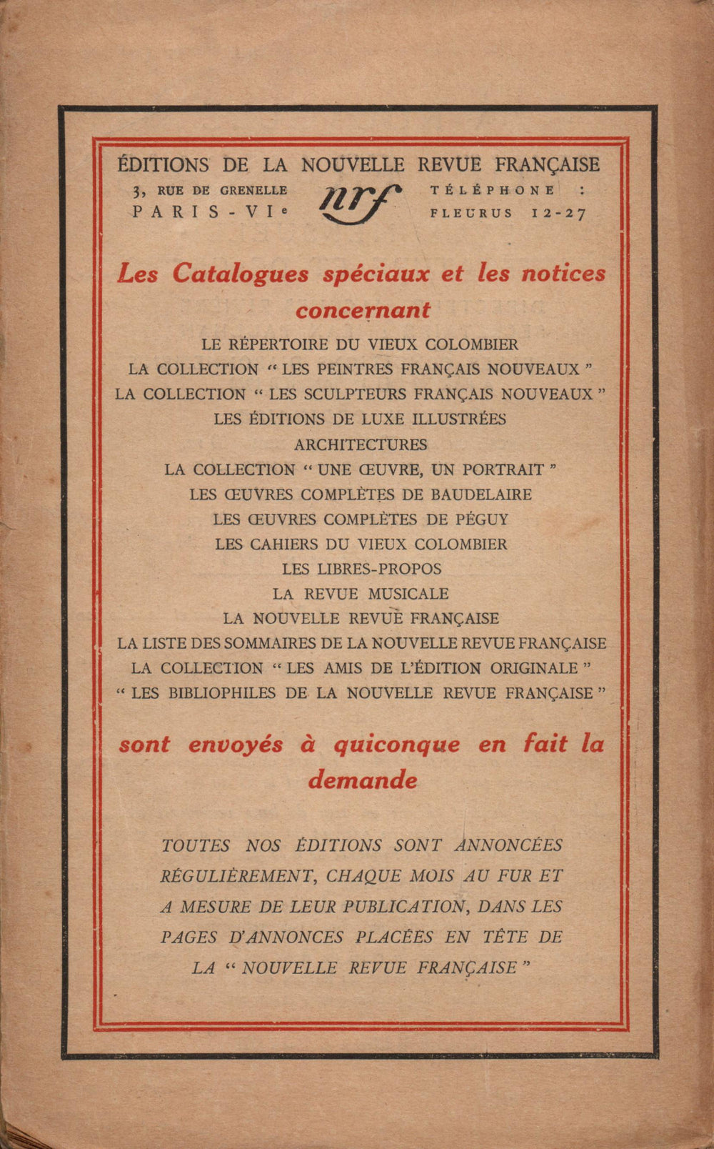 La Nouvelle Revue Française N' 109 (Octobre 1922)