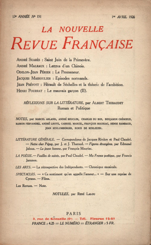 La Nouvelle Revue Française N' 151 (Avril 1926)