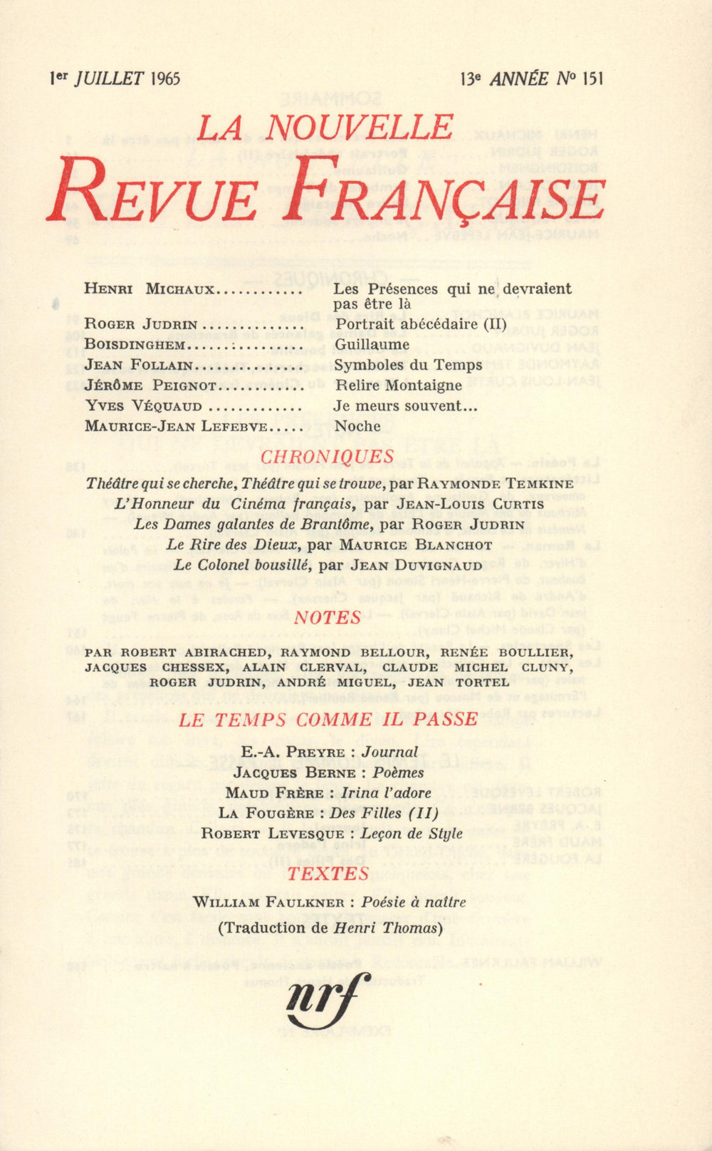 La Nouvelle Revue Française N' 151 (Juillet 1965)