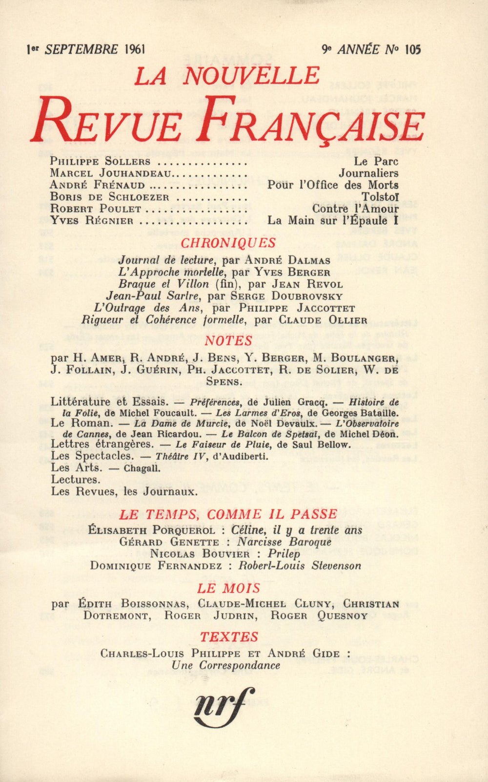La Nouvelle Revue Française N' 105 (Septembre 1961)