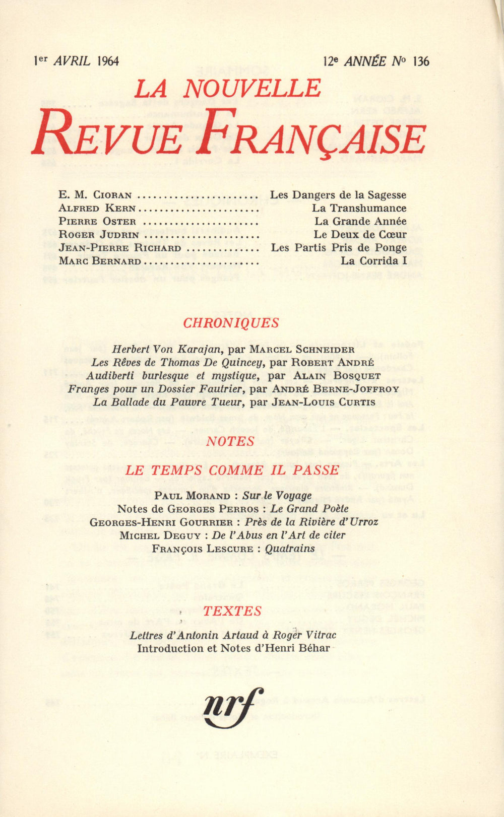 La Nouvelle Revue Française N' 136 (Avril 1964)